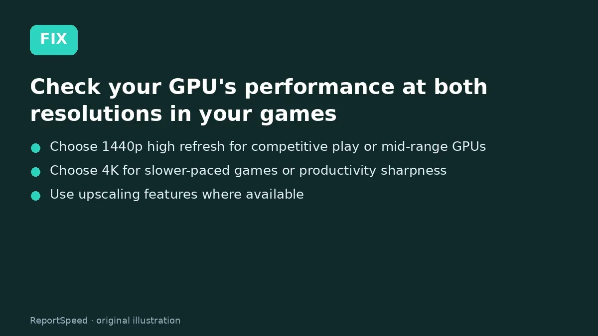 Fix steps: Check your GPU's performance at both resolutions in your…; Choose 1440p high refresh for competitive play or mid-range…; Choose 4K for slower-paced games or productivity sharpness