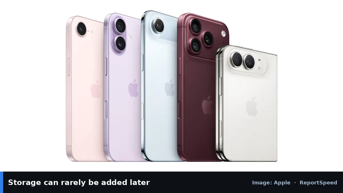 iPhone lineup (Apple official image), annotated: Storage can rarely be added later