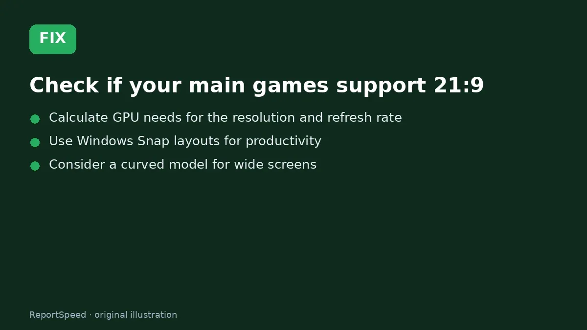 Fix steps: Check if your main games support 21:9; Calculate GPU needs for the resolution and refresh rate; Use Windows Snap layouts for productivity