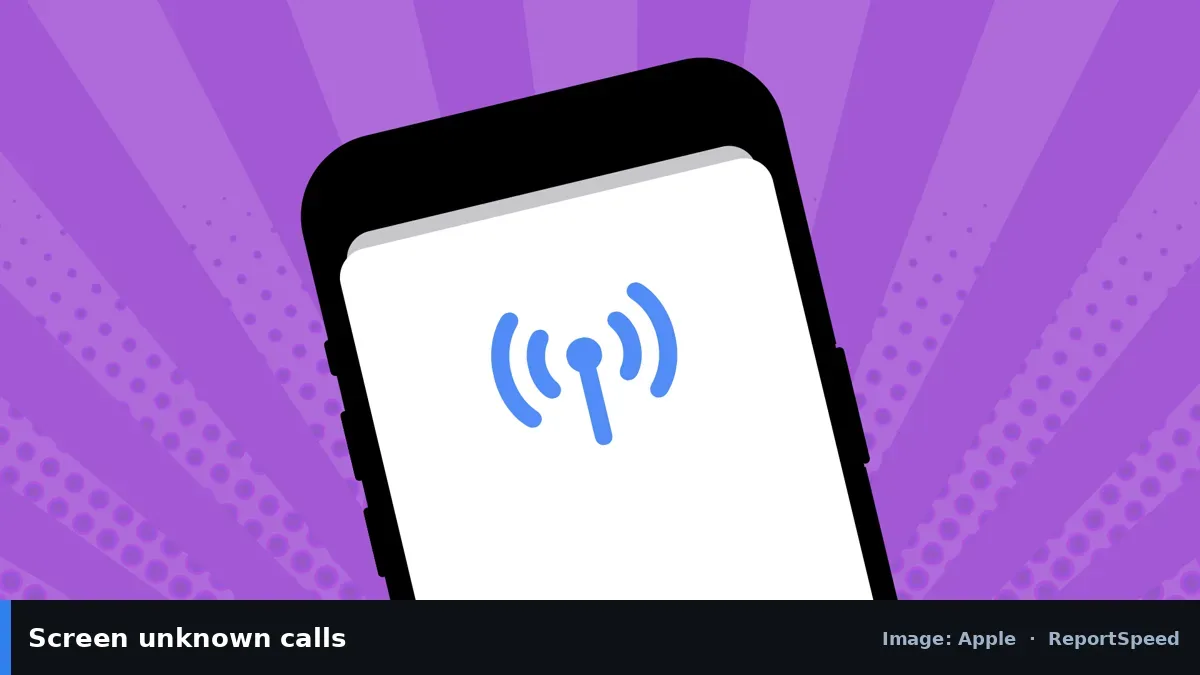 Apple illustration of an iPhone with eSIM signal (Apple official image), annotated: Screen unknown calls