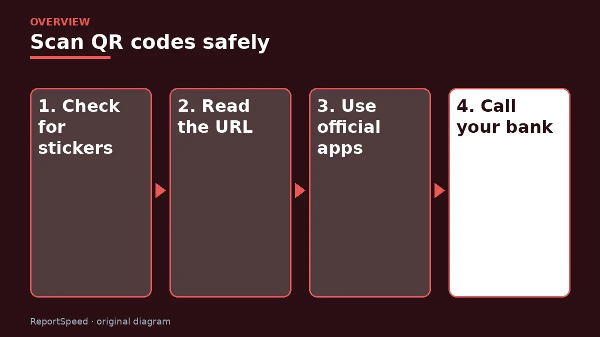 Overview diagram: Scan QR codes safely — Check for stickers; Read the URL; Use official apps; Call your bank