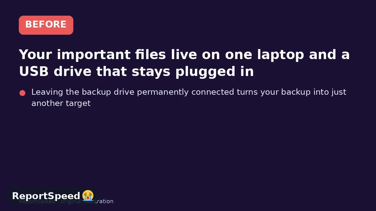 Before: Your important files live on one laptop and a USB drive that stays plugged in