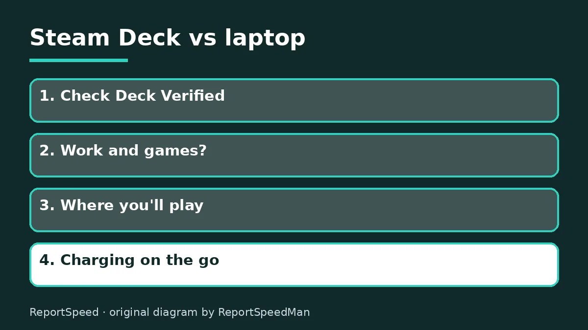 Diagram: Steam Deck vs laptop — Check Deck Verified; Work and games?; Where you'll play; Charging on the go