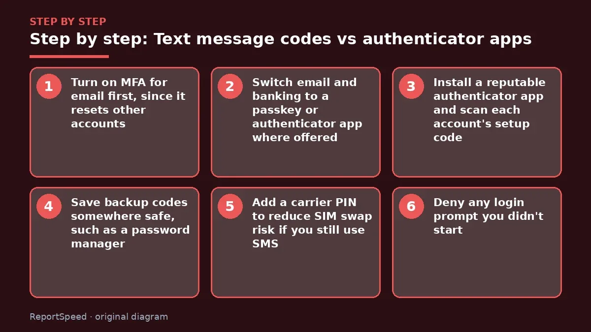 Step illustration: numbered steps for Text message codes vs authenticator apps