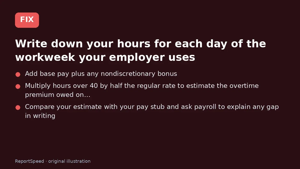 Fix steps: Write down your hours for each day of the workweek your…; Add base pay plus any nondiscretionary bonus; Multiply hours over 40 by half the regular rate to estimate…