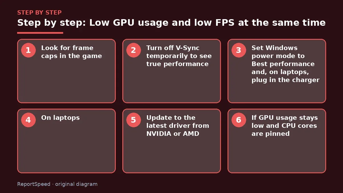 Step illustration: numbered steps for Low GPU usage and low FPS at the same time