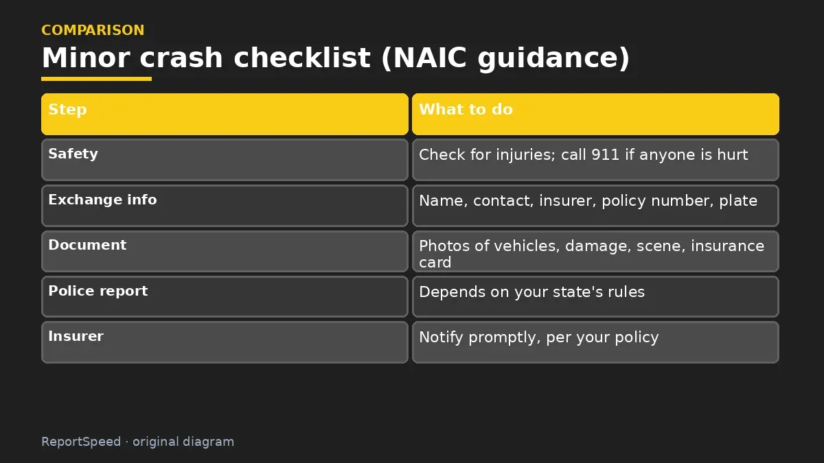 Comparison chart: Minor crash checklist (NAIC guidance)