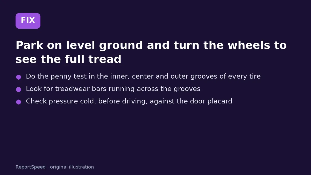 Fix steps: Park on level ground and turn the wheels to see the full…; Do the penny test in the inner; Look for treadwear bars running across the grooves