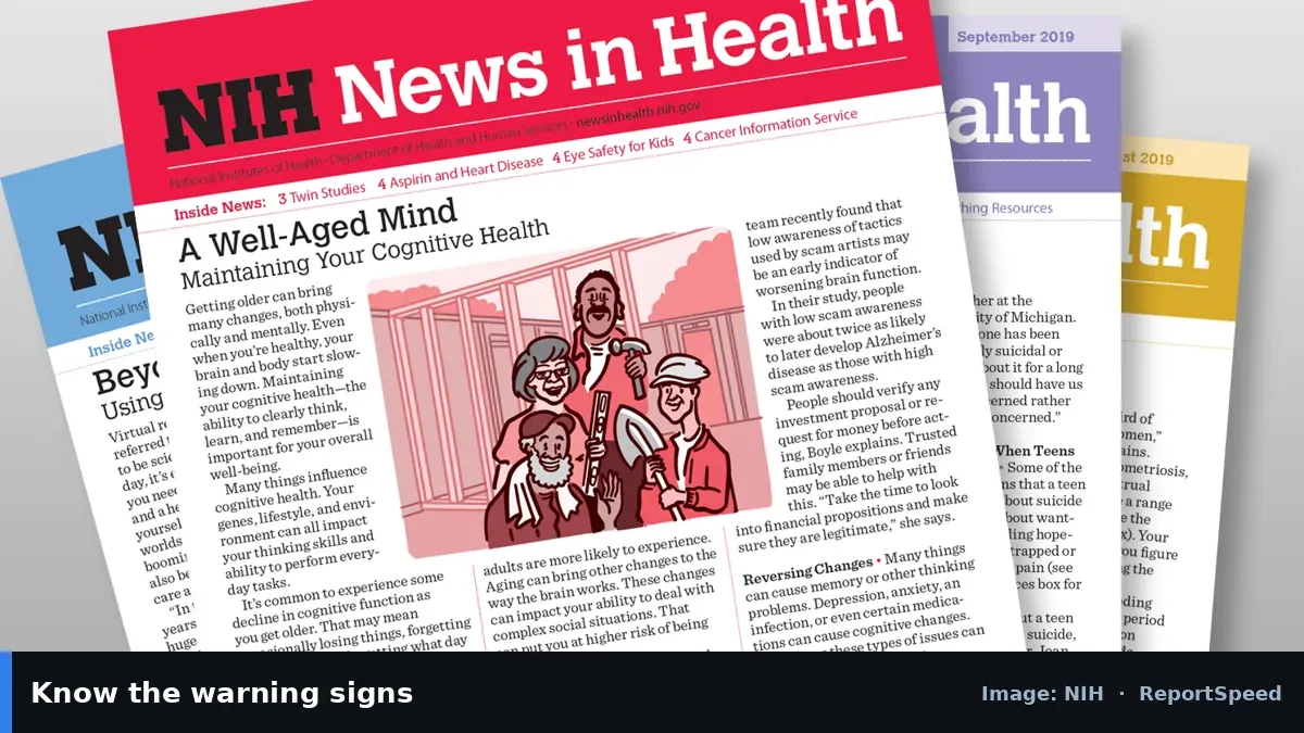 NIH News in Health newsletter issues (NIH official image), annotated: Know the warning signs