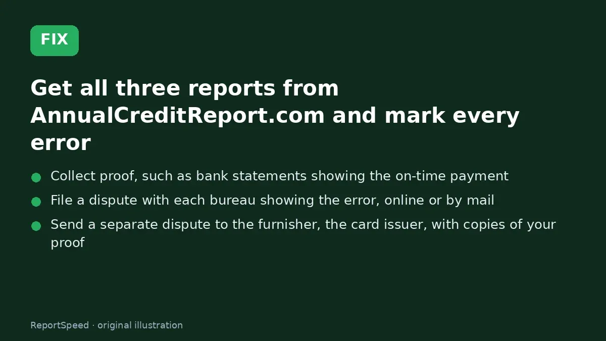 Fix steps: Get all three reports from AnnualCreditReport.com and mark…; Collect proof; File a dispute with each bureau showing the error