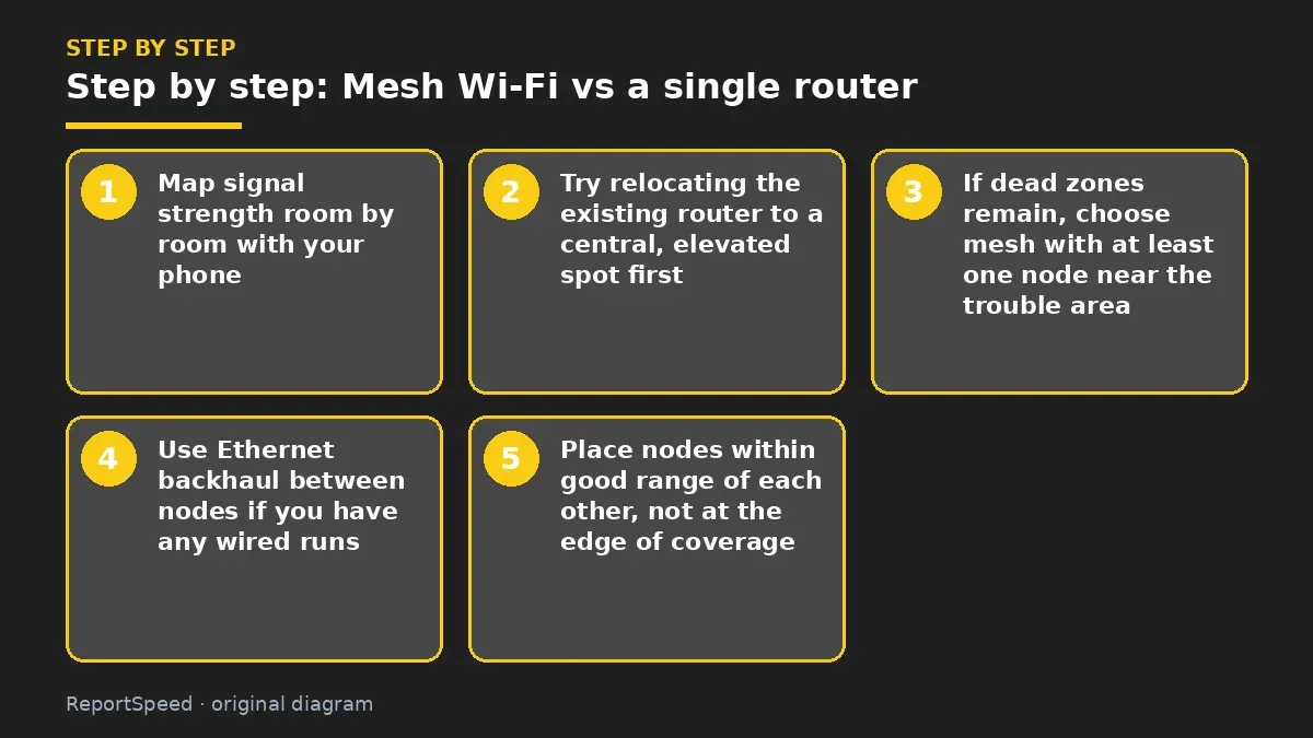 Step illustration: numbered steps for Mesh Wi-Fi vs a single router