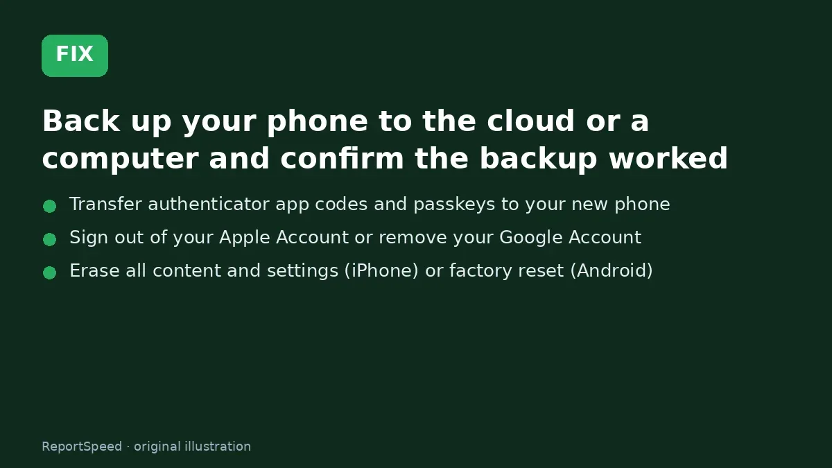 Fix steps: Back up your phone to the cloud or a computer and confirm…; Transfer authenticator app codes and passkeys to your new…; Sign out of your Apple Account or remove your Google Account