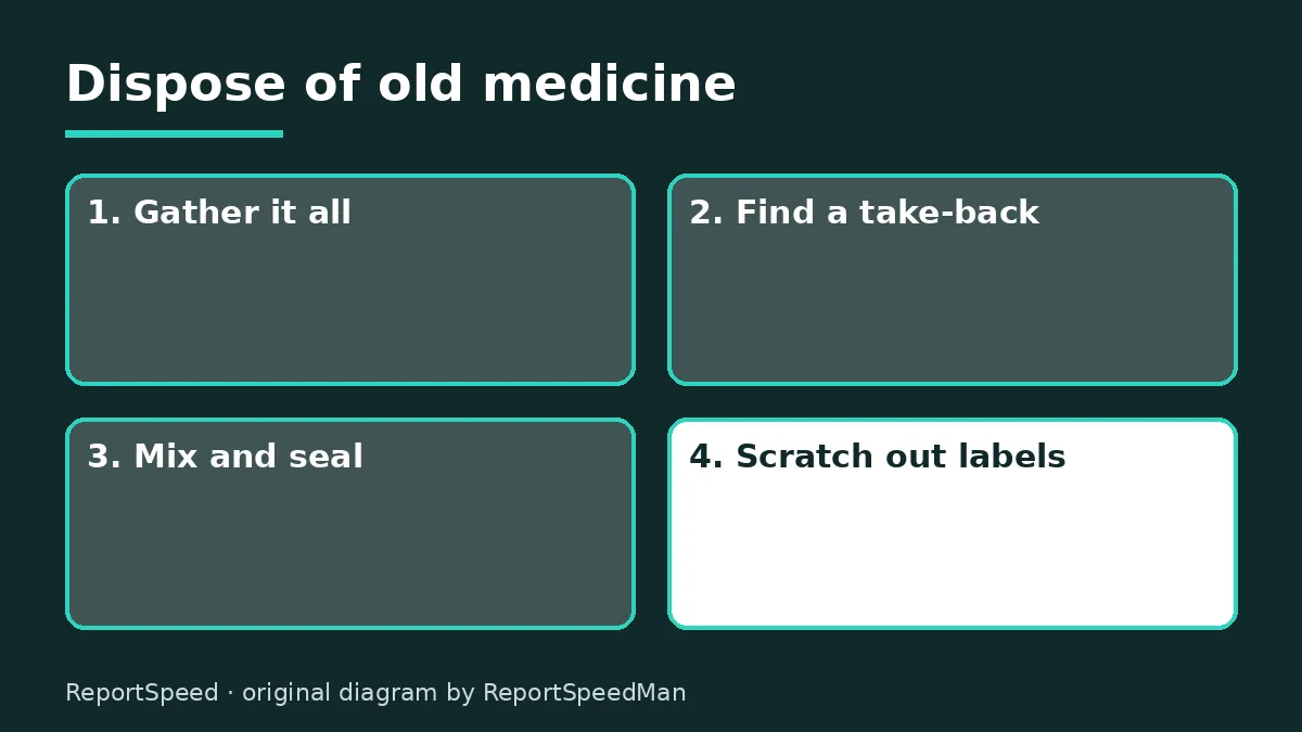Diagram: Dispose of old medicine — Gather it all; Find a take-back; Mix and seal; Scratch out labels