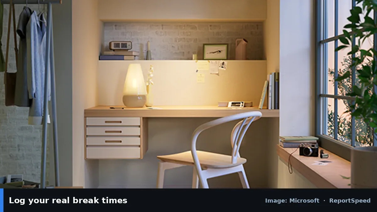 Windows home office from Microsoft ESU page (Microsoft official image), annotated: Log your real break times