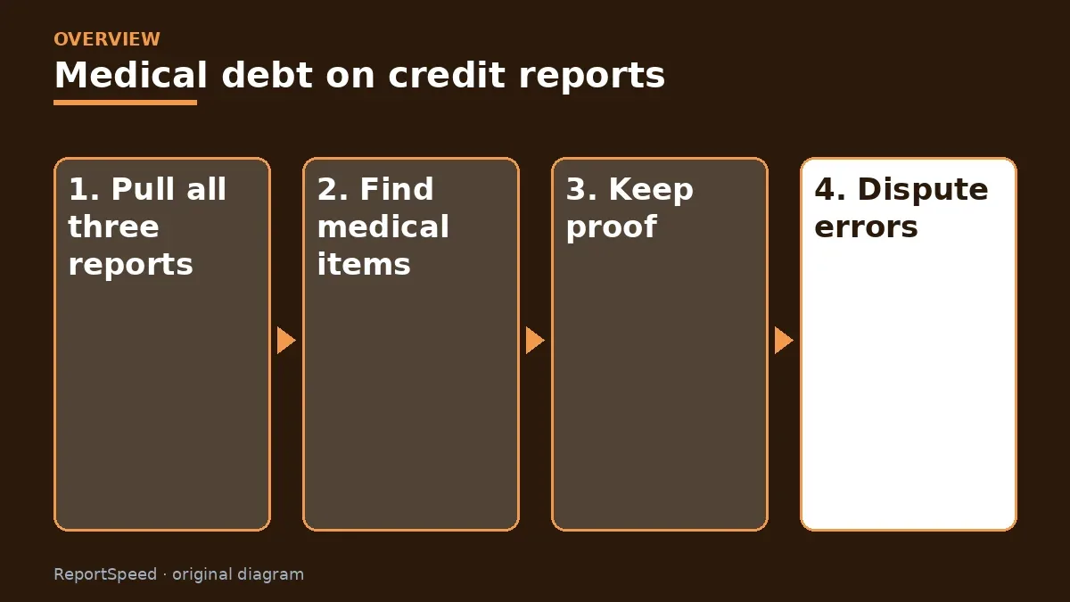 Overview diagram: Medical debt on credit reports — Pull all three reports; Find medical items; Keep proof; Dispute errors