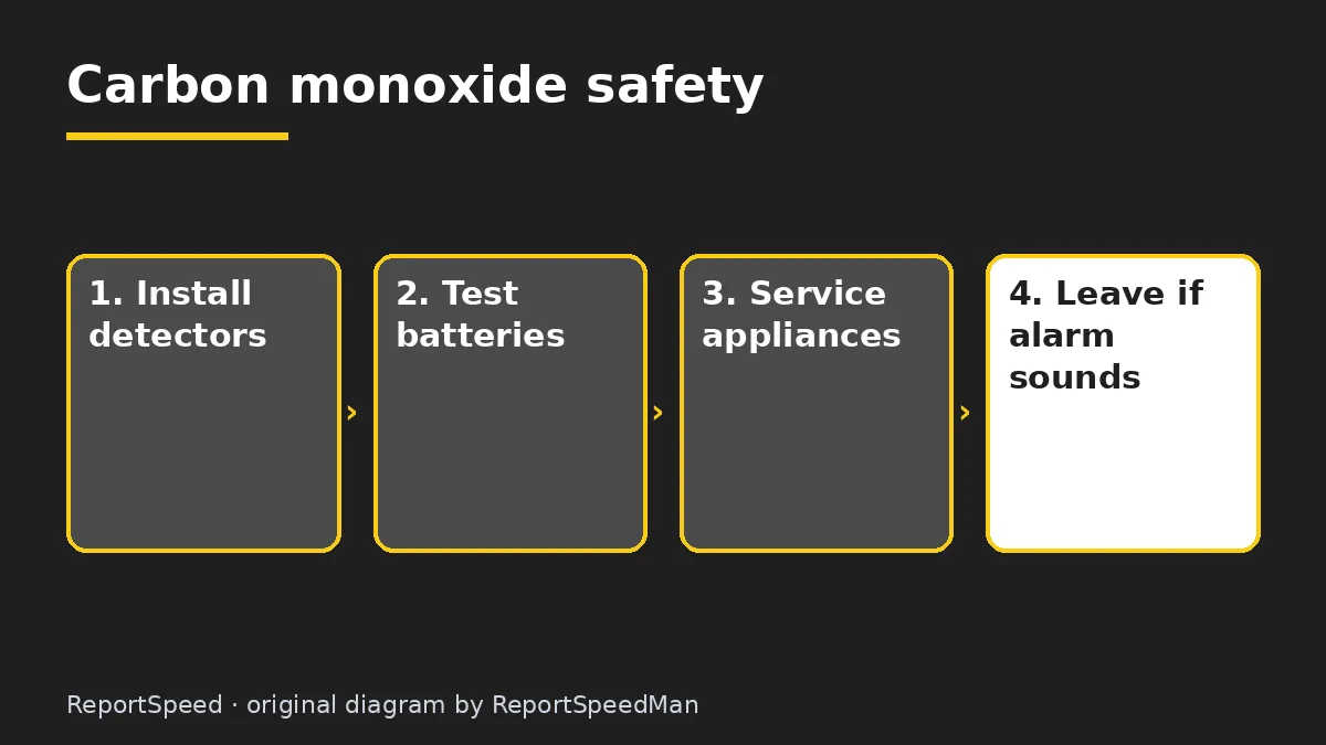 Diagram: Carbon monoxide safety — Install detectors; Test batteries; Service appliances; Leave if alarm sounds