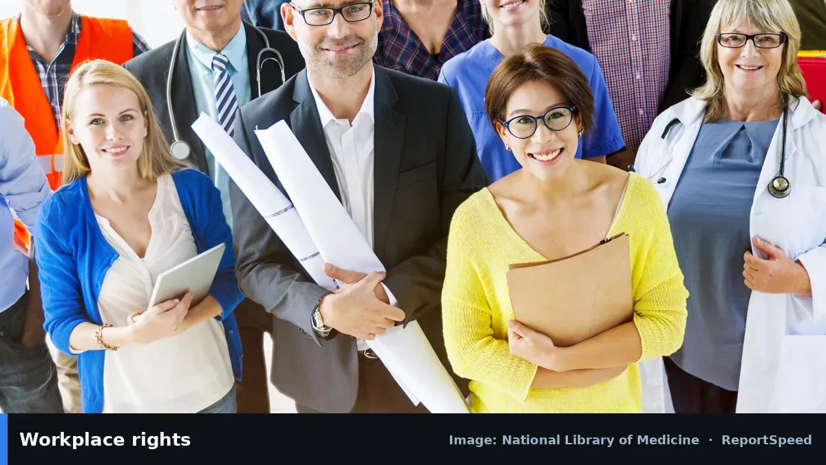 MedlinePlus group of workers (National Library of Medicine official image), annotated: Workplace rights