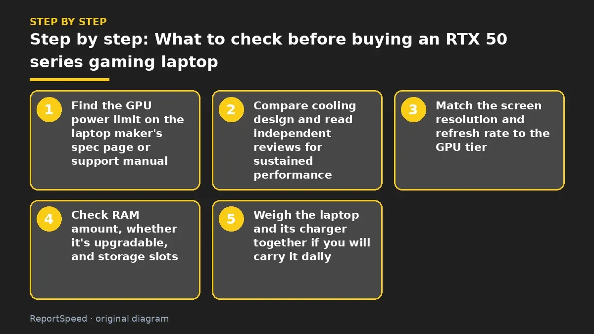 Step illustration: numbered steps for What to check before buying an RTX 50 series gaming laptop
