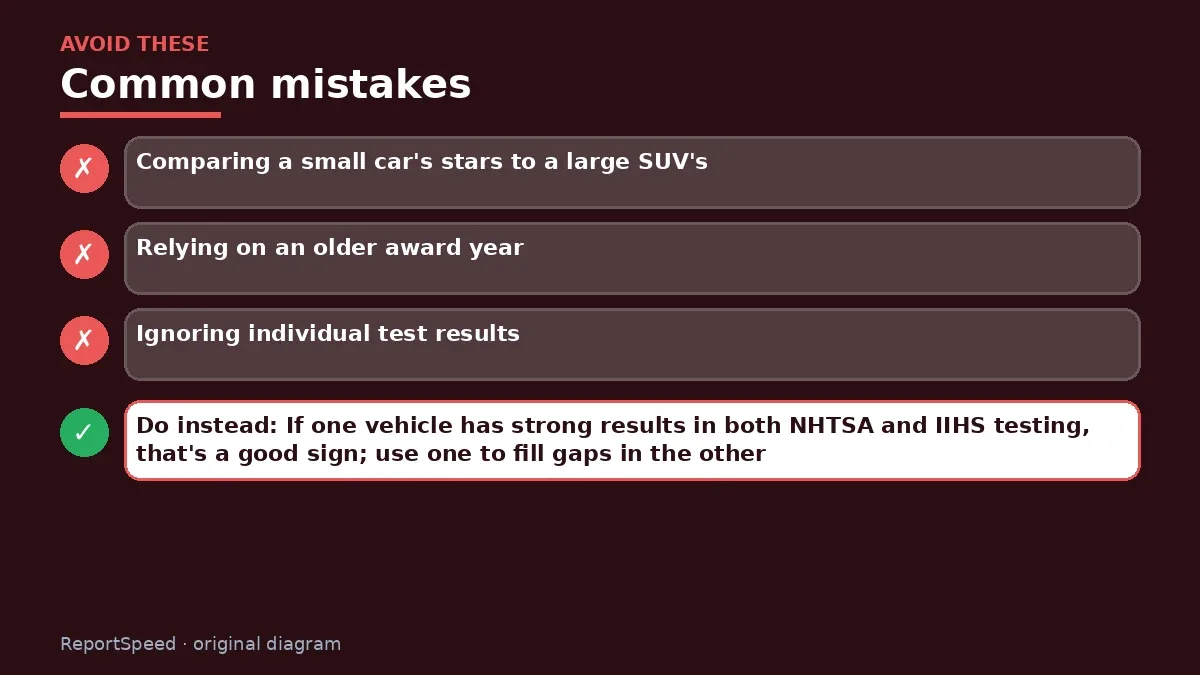 Callout graphic of common mistakes to avoid and what to do instead for NHTSA 5-star rating vs IIHS Top Safety Pick