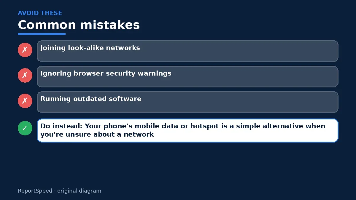 Callout graphic of common mistakes to avoid and what to do instead for Is public Wi-Fi safe to use for banking