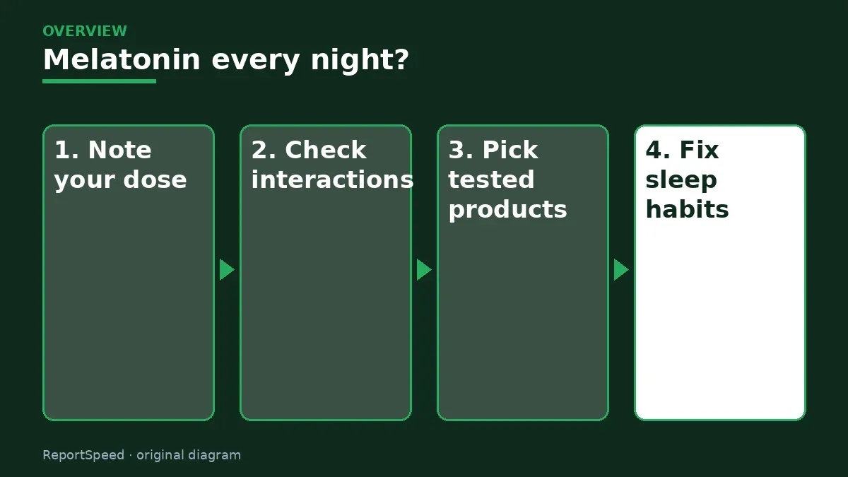 Overview diagram: Melatonin every night? — Note your dose; Check interactions; Pick tested products; Fix sleep habits