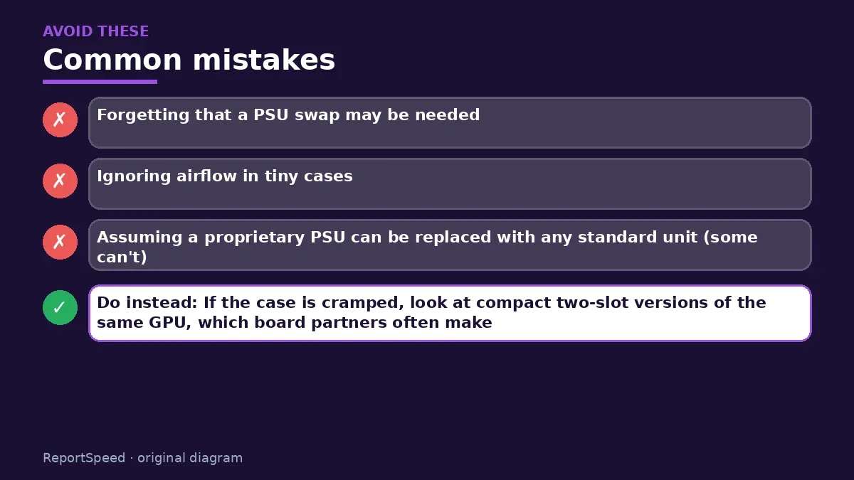 Callout graphic of common mistakes to avoid and what to do instead for Can I put a new graphics card in an old prebuilt PC