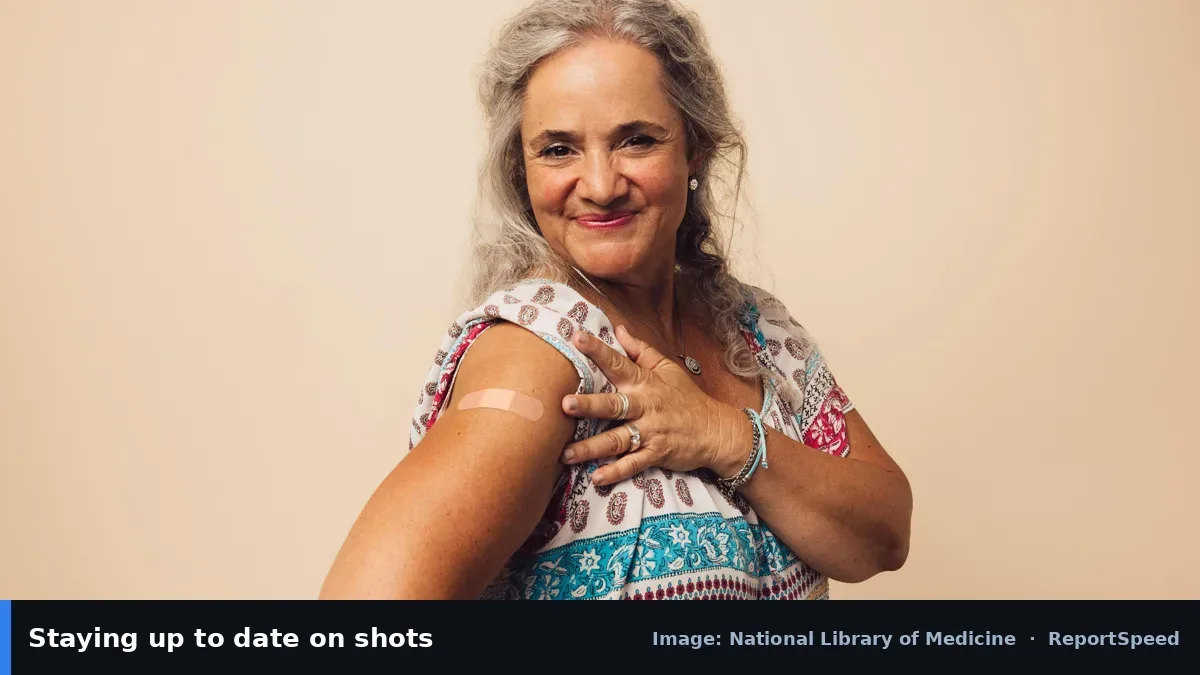 MedlinePlus shingles vaccine photo (National Library of Medicine official image), annotated: Staying up to date on shots