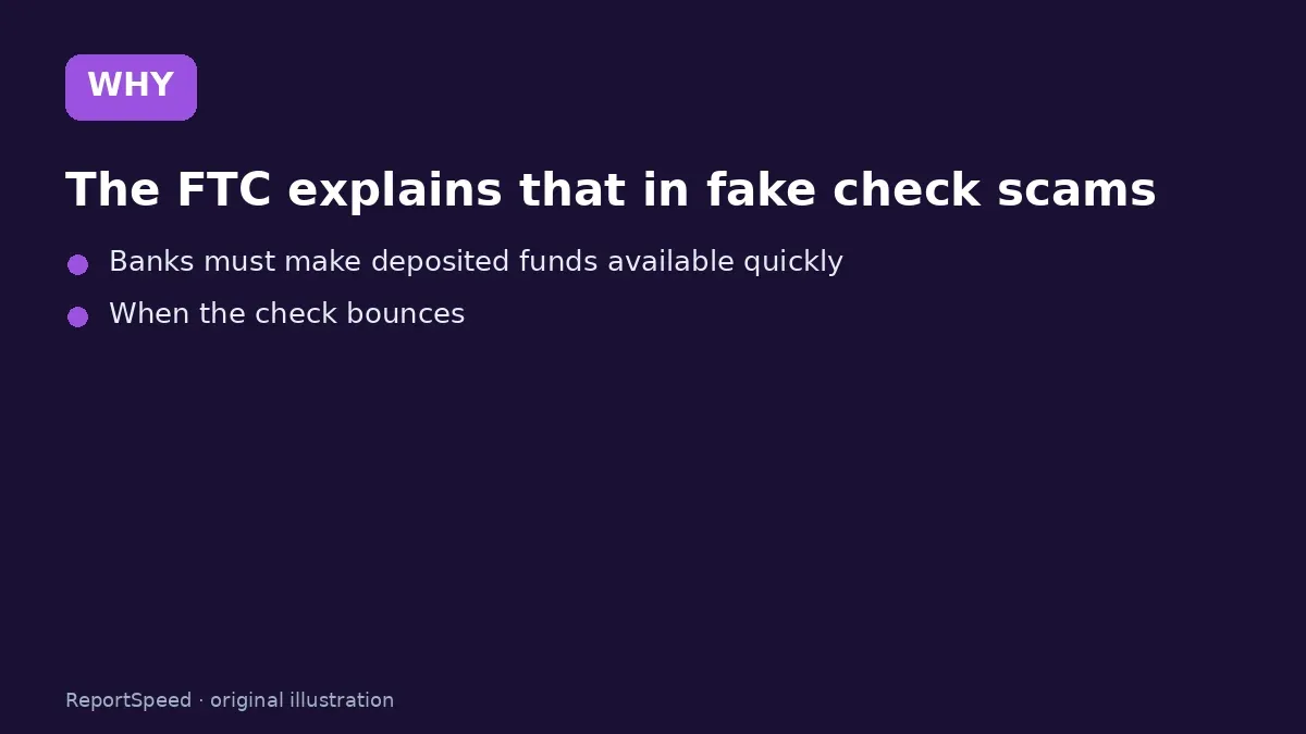 Cause: The FTC explains that in fake check scams