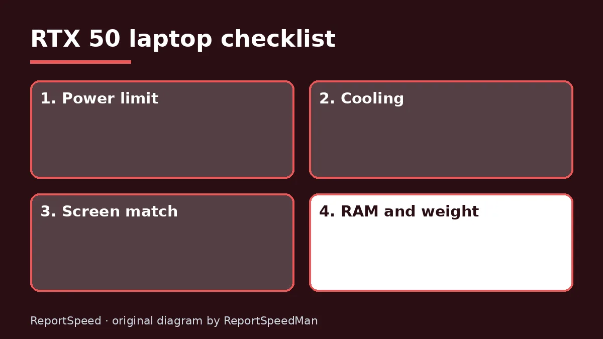 Diagram: RTX 50 laptop checklist — Power limit; Cooling; Screen match; RAM and weight