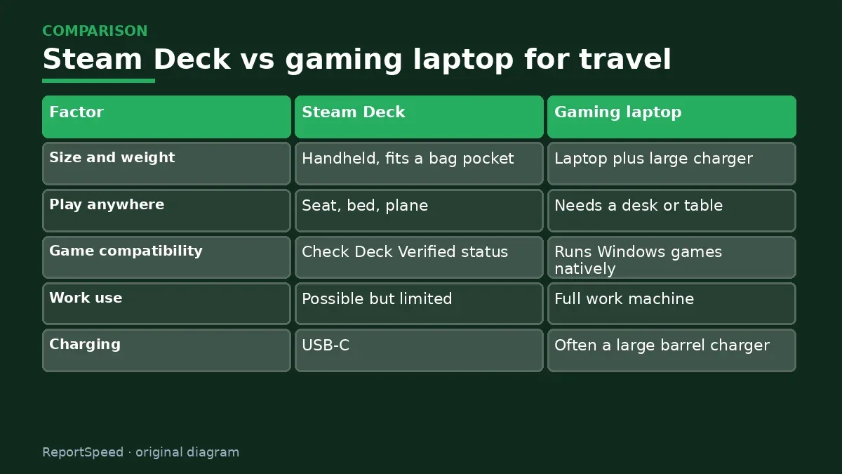 Comparison chart: Steam Deck vs gaming laptop for travel
