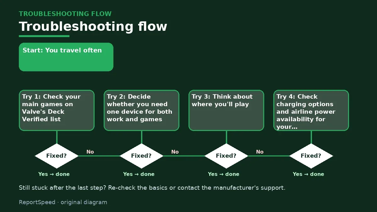 Troubleshooting flowchart: try each step in order and stop when it is fixed — Steam Deck vs gaming laptop