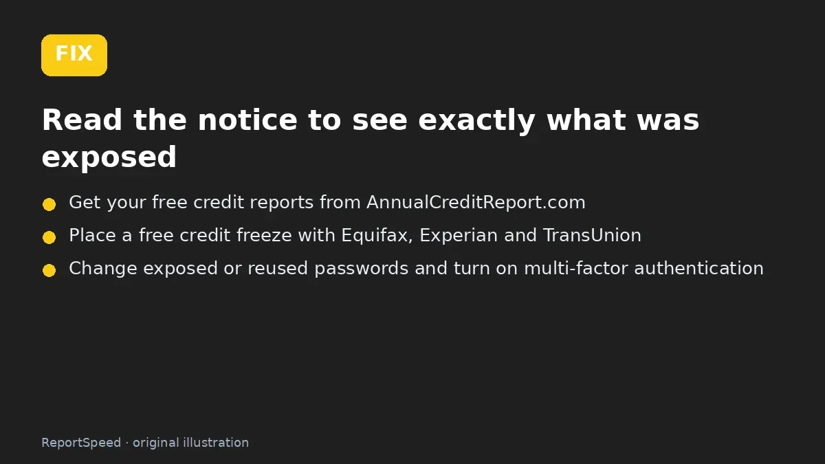 Fix steps: Read the notice to see exactly what was exposed; Get your free credit reports from AnnualCreditReport.com; Place a free credit freeze with Equifax