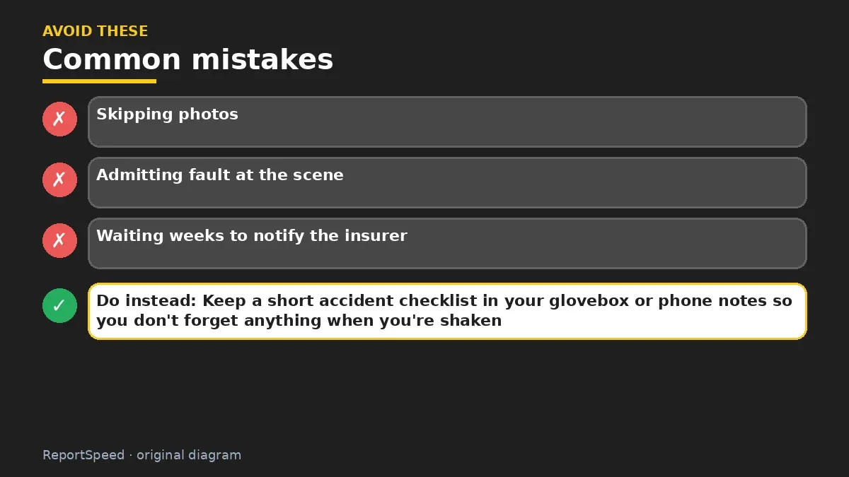 Callout graphic of common mistakes to avoid and what to do instead for What to do right after a minor car accident
