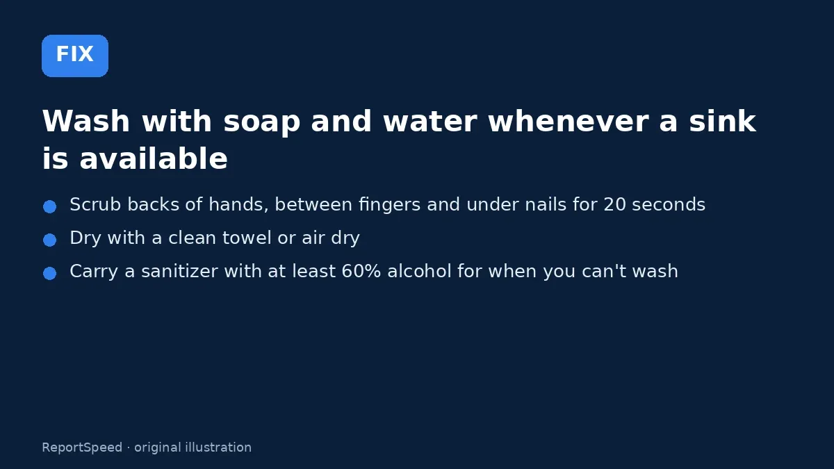Fix steps: Wash with soap and water whenever a sink is available; Scrub backs of hands; Dry with a clean towel or air dry