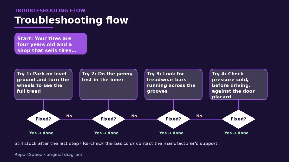 Troubleshooting flowchart: try each step in order and stop when it is fixed — How do I check tire tread depth, and when are tires worn out