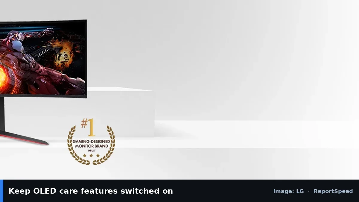 LG UltraGear gaming monitor (LG official image), annotated: Keep OLED care features switched on