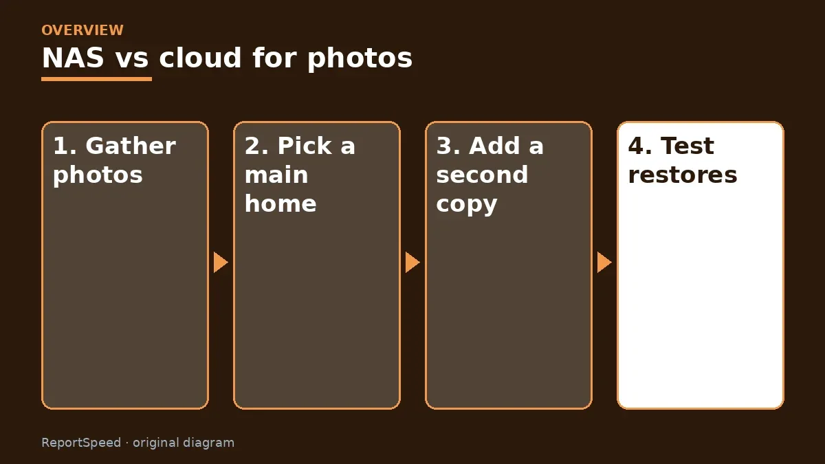 Overview diagram: NAS vs cloud for photos — Gather photos; Pick a main home; Add a second copy; Test restores