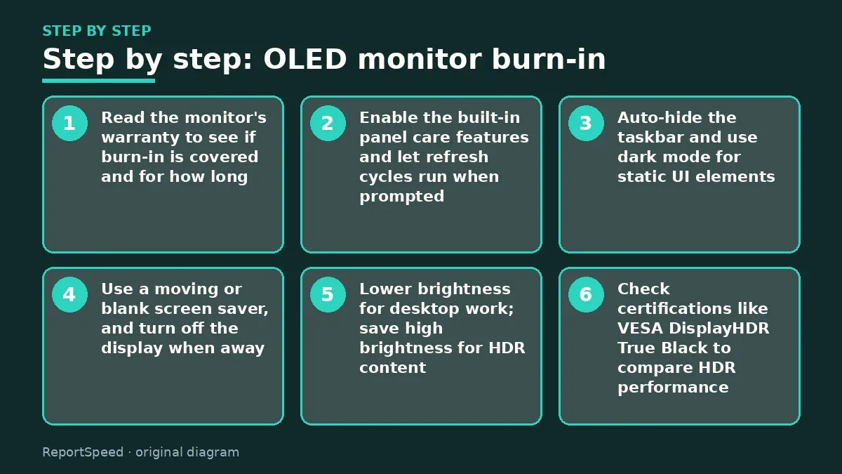Step illustration: numbered steps for OLED monitor burn-in