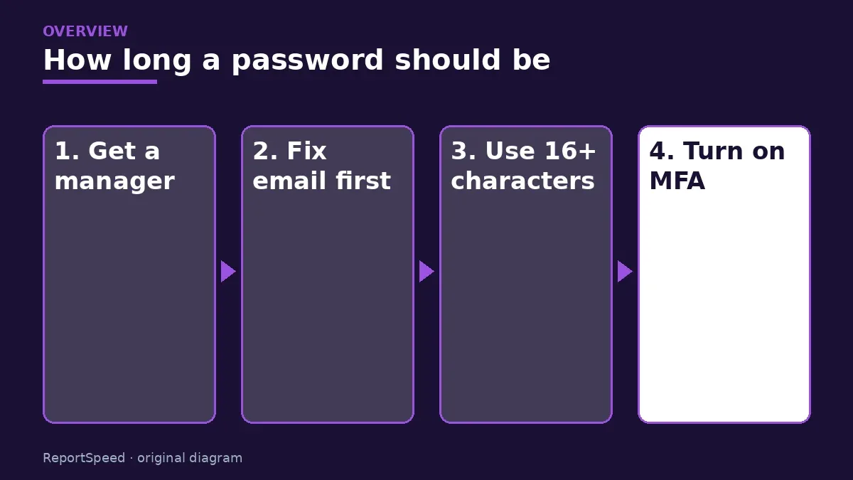 Overview diagram: How long a password should be — Get a manager; Fix email first; Use 16+ characters; Turn on MFA