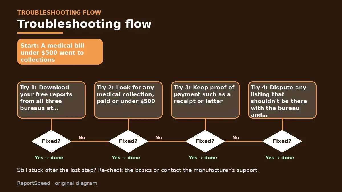 Troubleshooting flowchart: try each step in order and stop when it is fixed — Does medical debt show up on my credit report