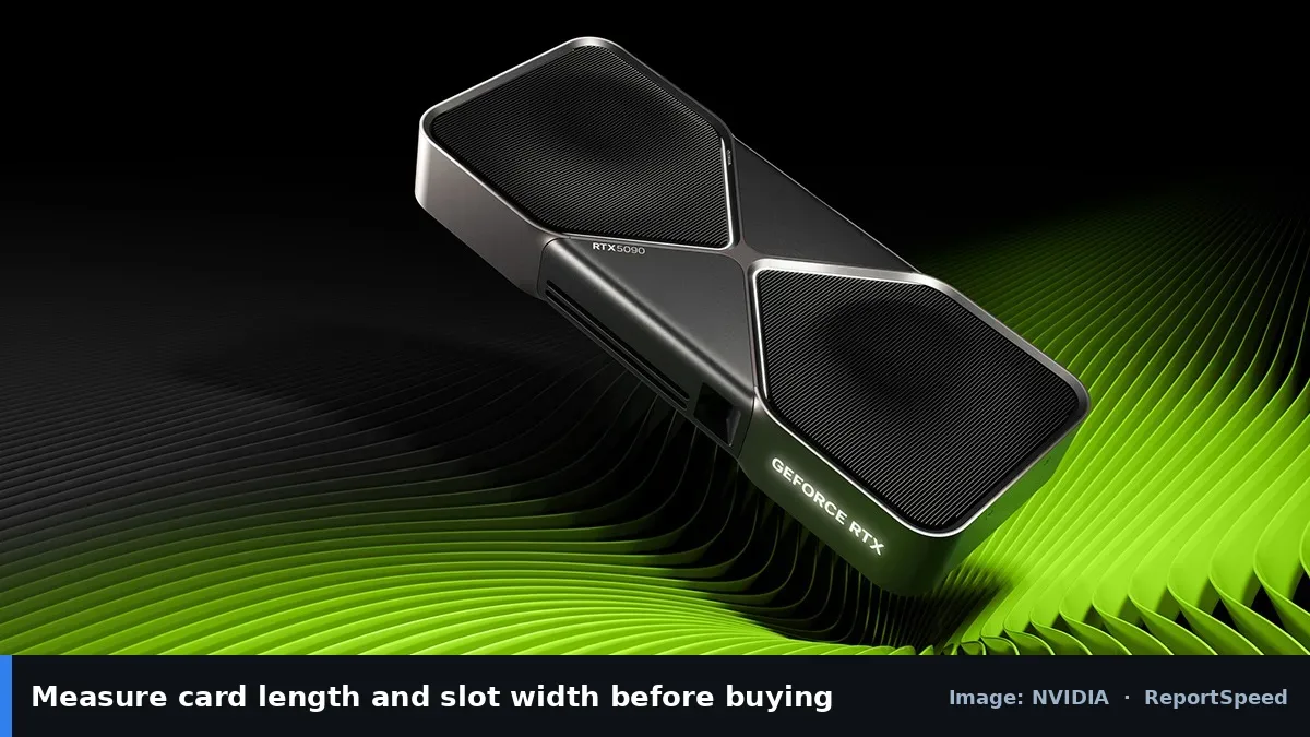 GeForce RTX 5090 graphics card (NVIDIA official image), annotated: Measure card length and slot width before buying