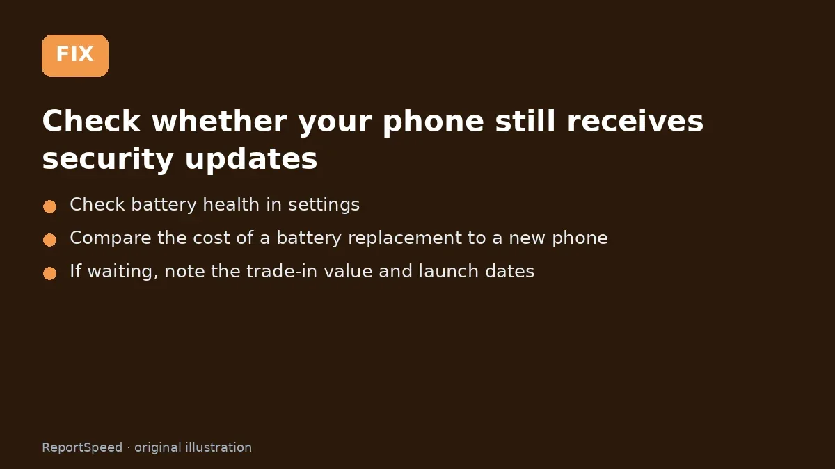 Fix steps: Check whether your phone still receives security updates; Check battery health in settings; Compare the cost of a battery replacement to a new phone