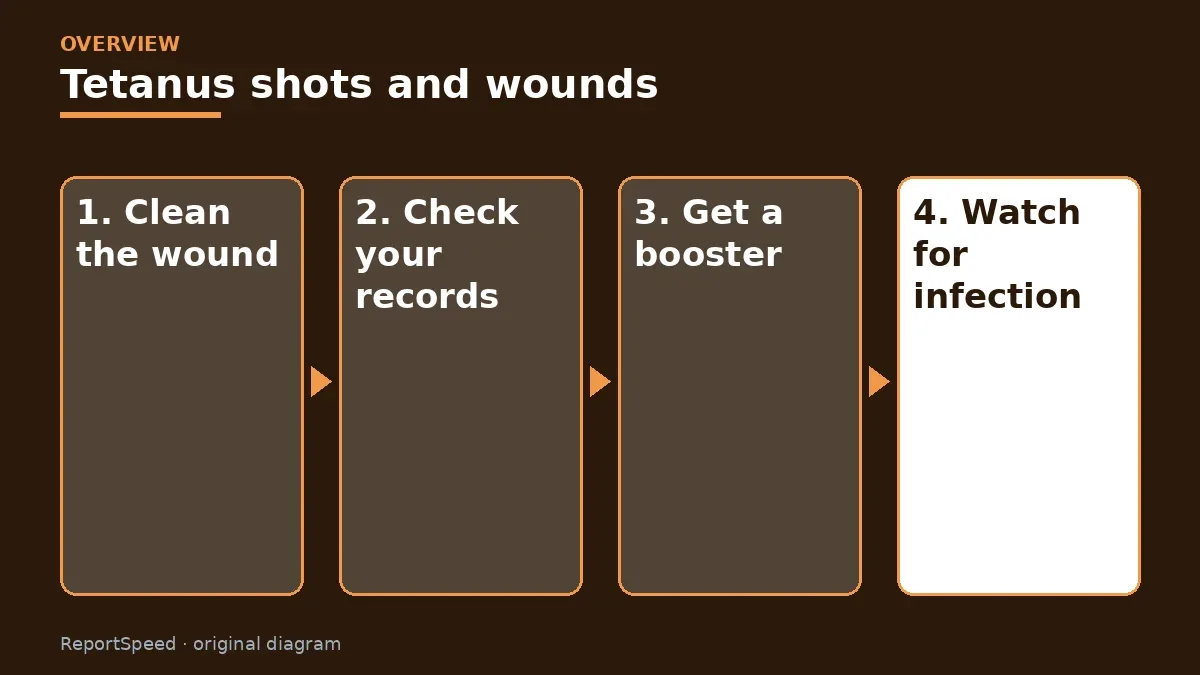 Overview diagram: Tetanus shots and wounds — Clean the wound; Check your records; Get a booster; Watch for infection