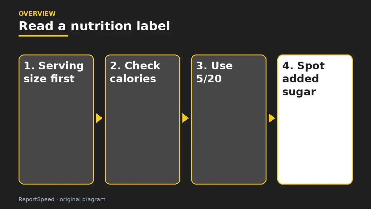 Overview diagram: Read a nutrition label — Serving size first; Check calories; Use 5/20; Spot added sugar