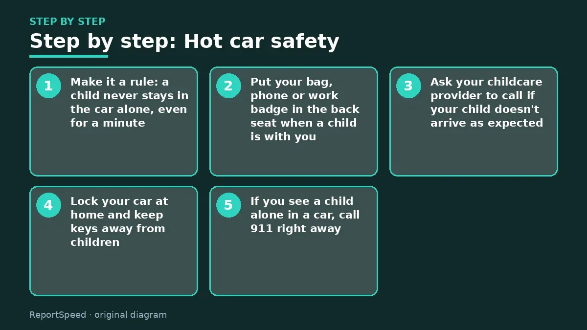Step illustration: numbered steps for Hot car safety