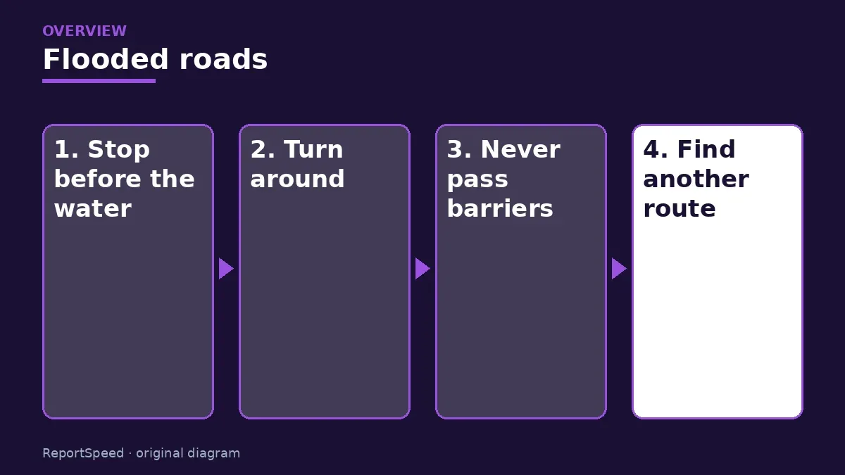 Overview diagram: Flooded roads — Stop before the water; Turn around; Never pass barriers; Find another route