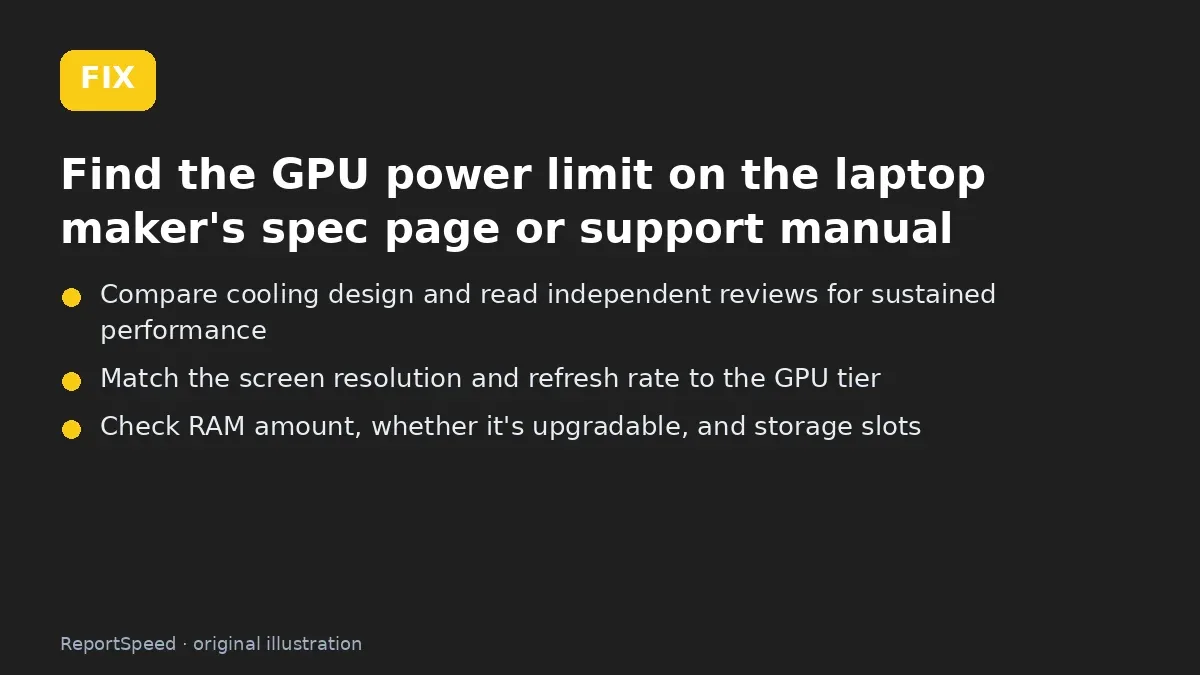 Fix steps: Find the GPU power limit on the laptop maker's spec page or…; Compare cooling design and read independent reviews for…; Match the screen resolution and refresh rate to the GPU tier