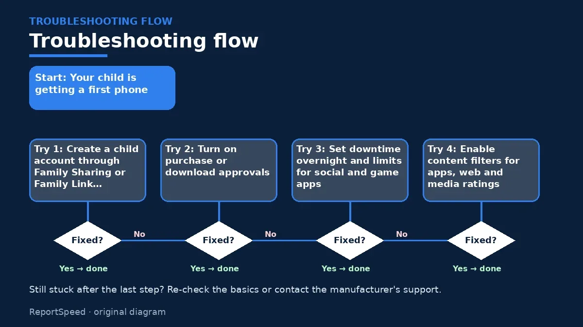 Troubleshooting flowchart: try each step in order and stop when it is fixed — How do I set up parental controls on my kid's first phone
