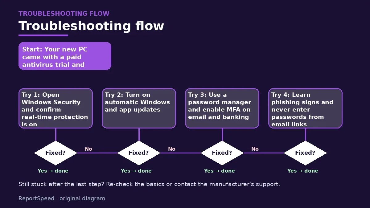 Troubleshooting flowchart: try each step in order and stop when it is fixed — Do I need antivirus on Windows 11 or is Microsoft Defender enough