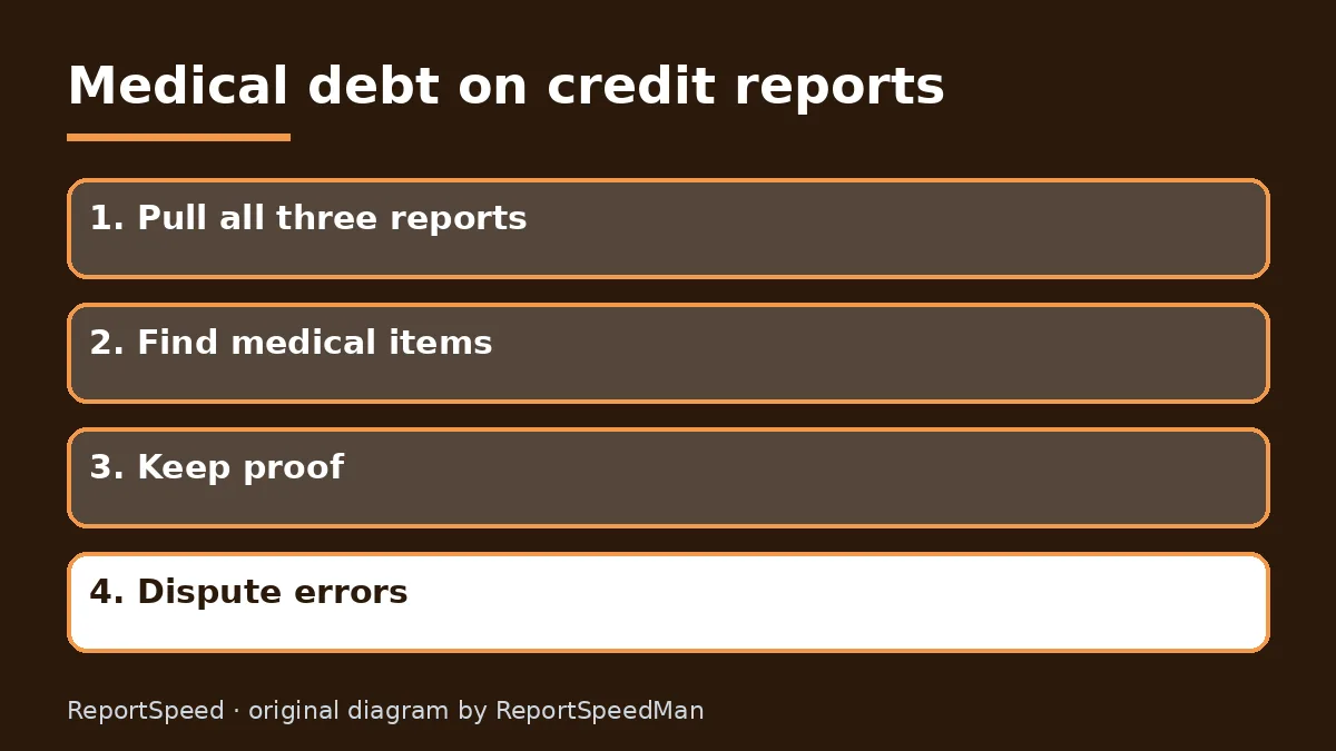 Diagram: Medical debt on credit reports — Pull all three reports; Find medical items; Keep proof; Dispute errors
